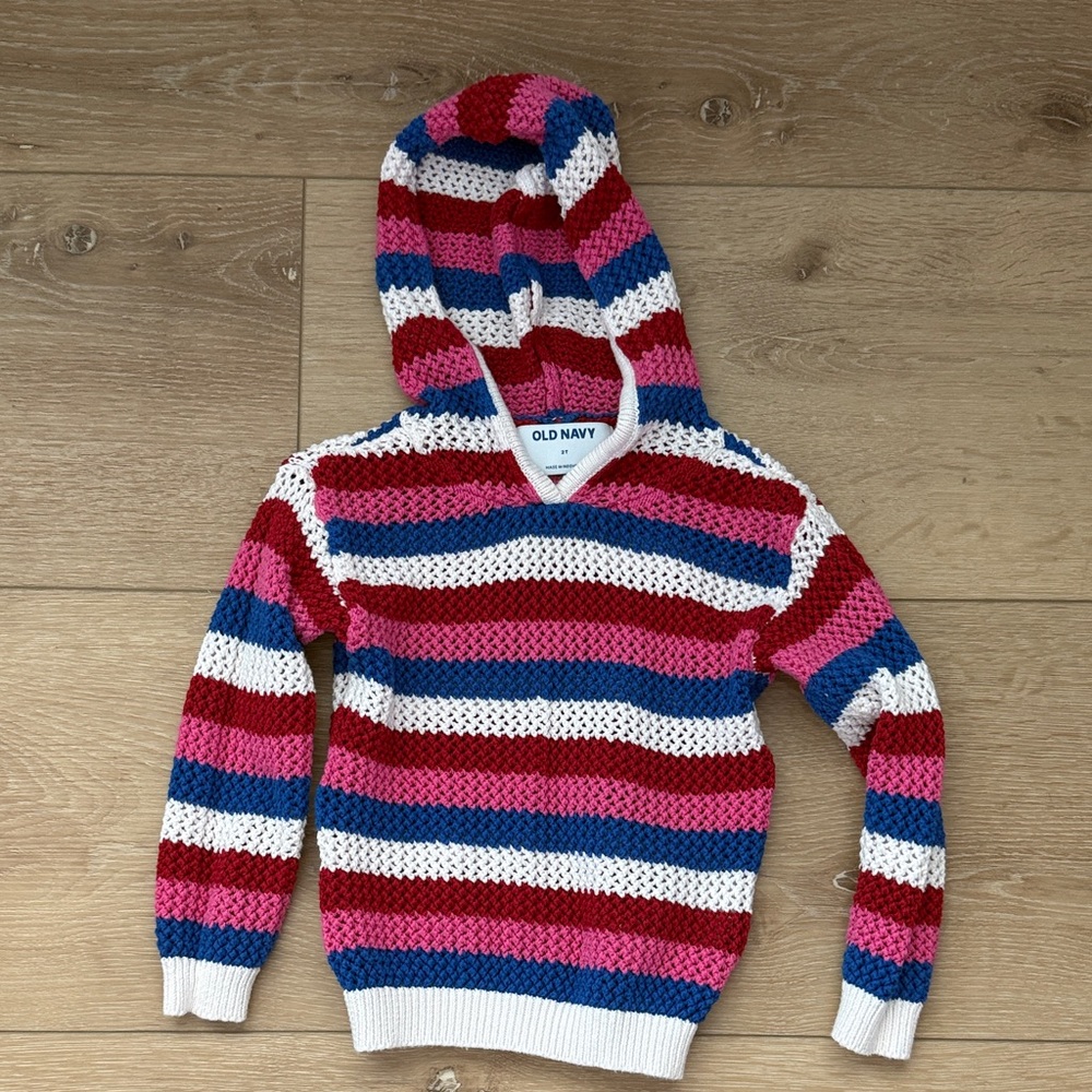 Old Navy Girls Hooded Striped Knit Sweater - Pink, Blue, White, Red